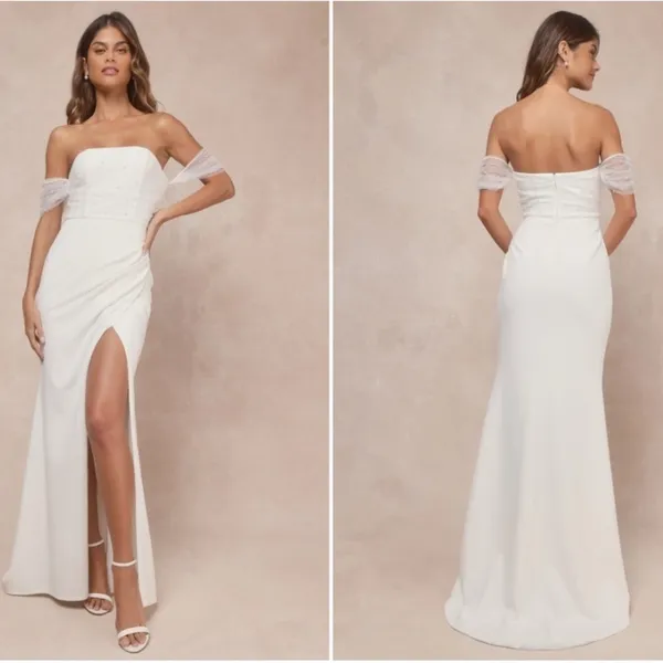 LULU's Wedding Bridal Elegant Sexy Pearl Accent Off the Shoulder Gown NWOT - Image 3