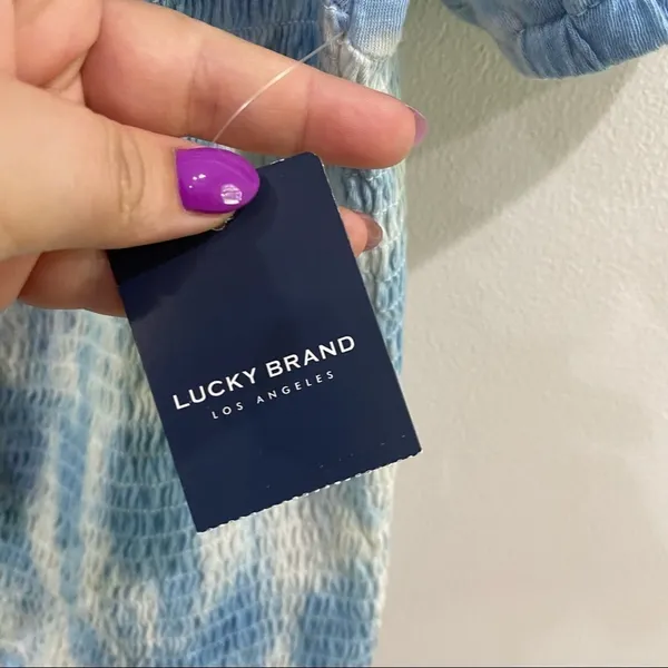 Lucky Brand Short Sleeve Boho‎ Blue & Off White Smocked Top Size M - Image 3