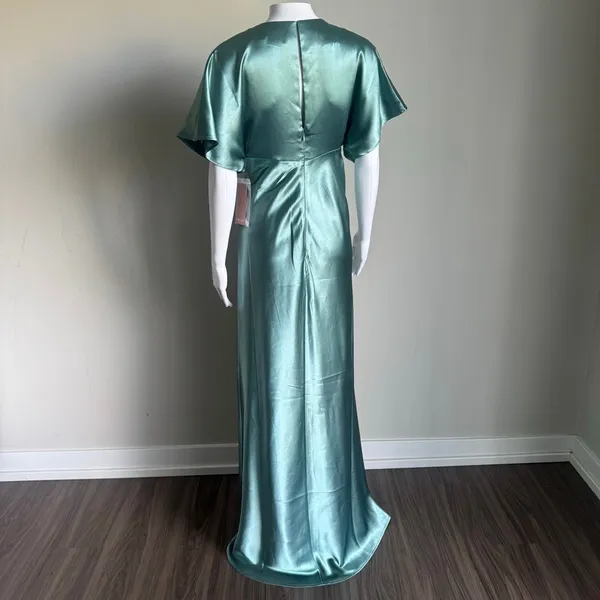 Birdy Grey Jesse Dress Sea Glass Green Satin Bridesmaid Slit Flutter Sleeve XS - Image 7