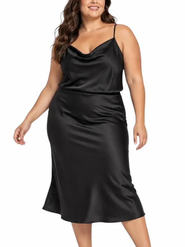Ava and Viv Midi Dress 1X Satin Cowl Neck Adjustable Strap Black Cocktail Party - Image 15