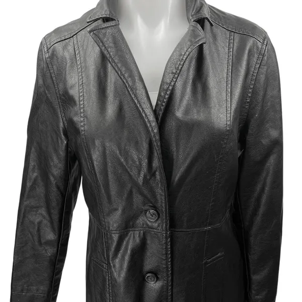 Urban Outfitters Black Faux Vegan Leather Button Up Long Coat Rain Jacket Sz S - Image 3