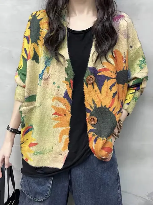 Vintage Sunflower Watercolor Sweater Cardigan - Image 2
