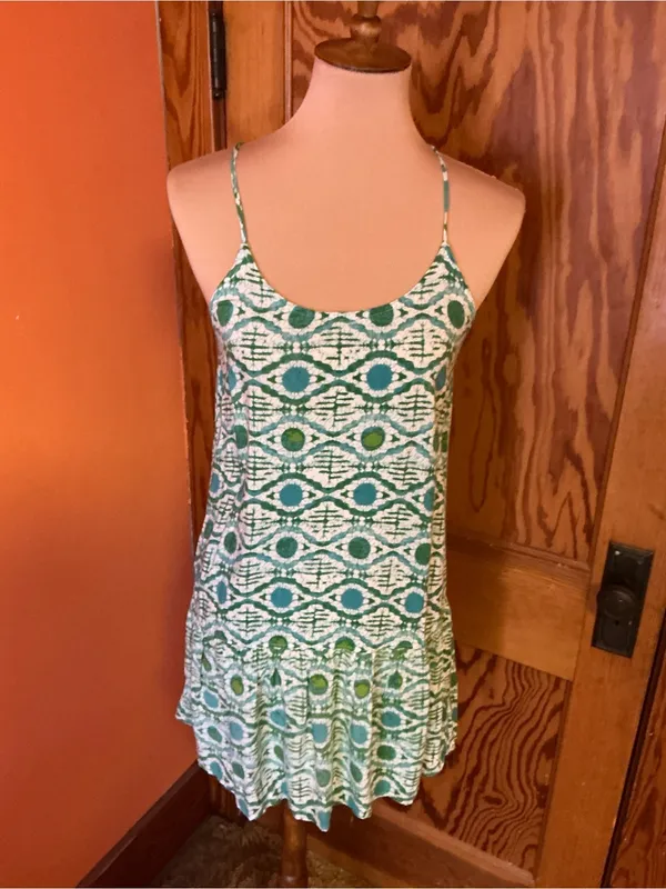 Roxy Green White Geometric Mini Dress Small Adjustable Strap Beach Sundress - Image 10