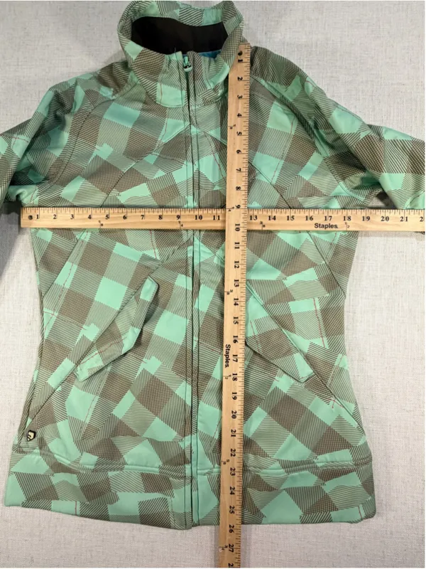 Salomon Women’s Fleece Lined Softshell Ski Jacket Geometric Plaid Mint Brown M - Image 5