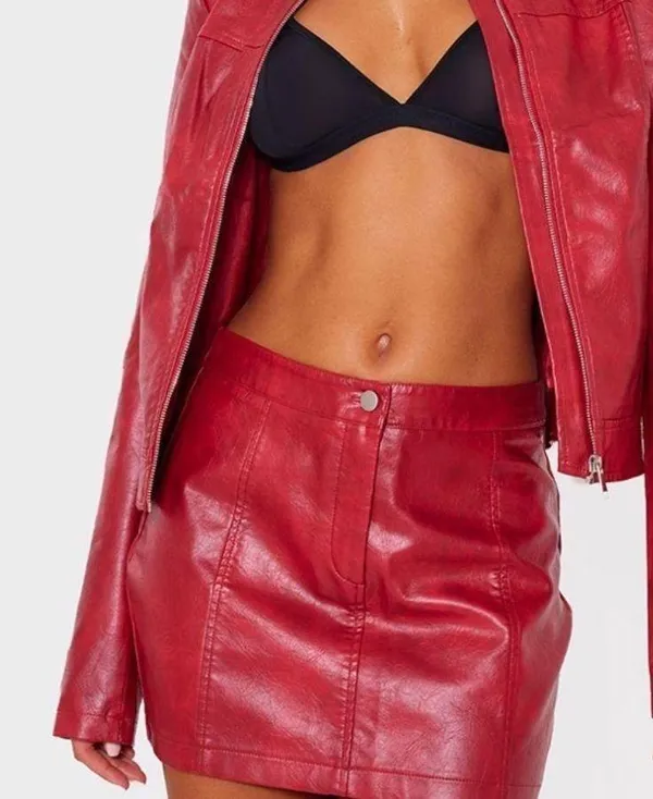 Pretty Little Thing Red Washed Faux Leather Mini Skirt - Image 5