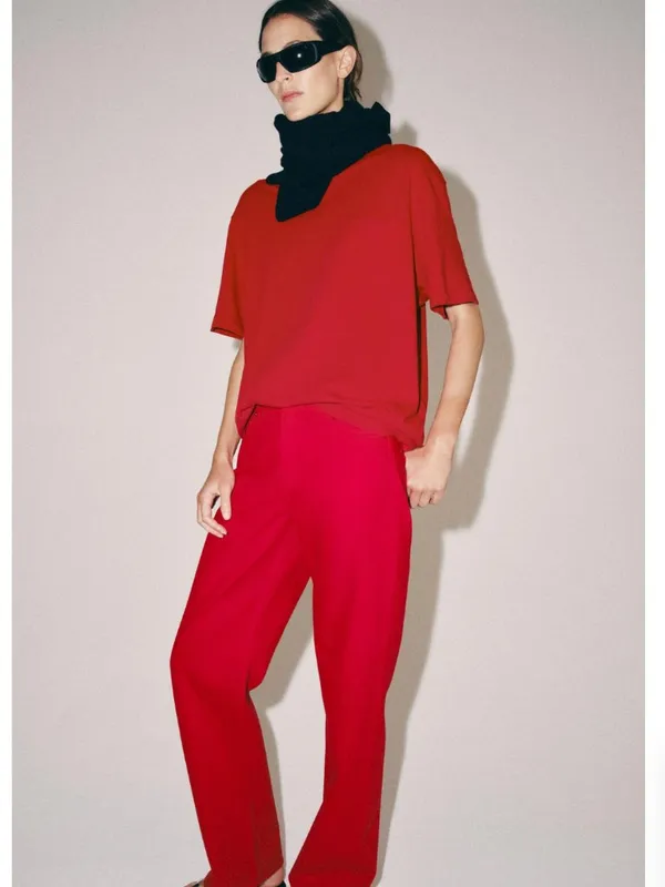 NWT ZARA ZW COLLECTION MID-RISE STRAIGHT LEG JEANS Red US -10 - Image 5