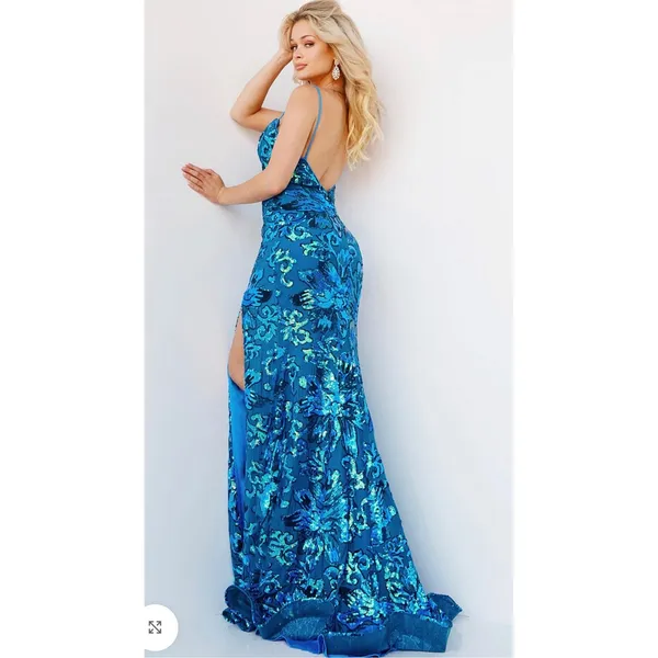 Jovani 08459 Royal‎ Blue Sequin Floral High Slit Mermaid Prom Gown NWT Size 0 - Image 2