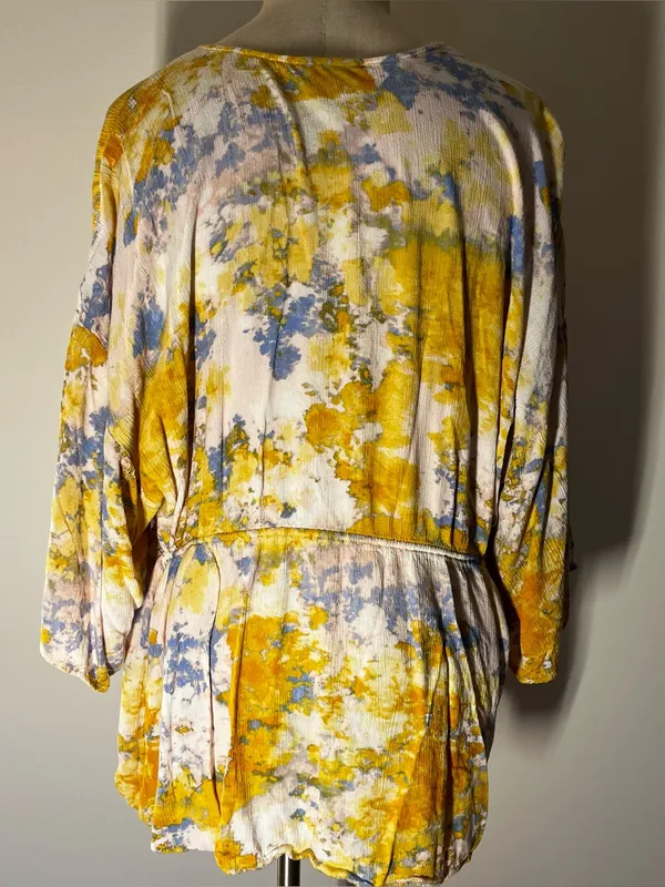 Yellow & Blue Tie-Front gauzy Peasant Blouse - Image 2