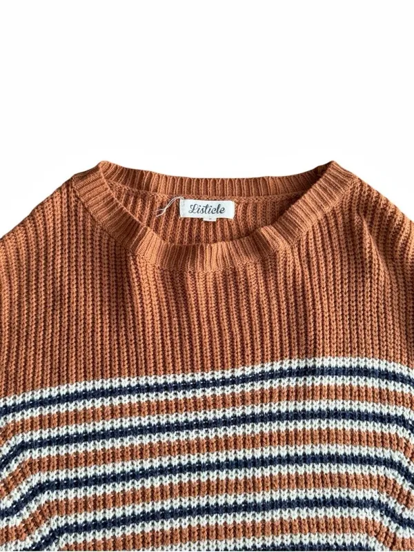 Listicle Women's Small Brown Striped Chunky Knit Sweater Oversized Pullover - Image 3