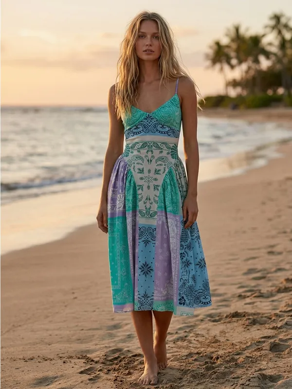 Free People Bohemian Bandana Tropical Wish You Would Midi Dress Size Large - Image 3