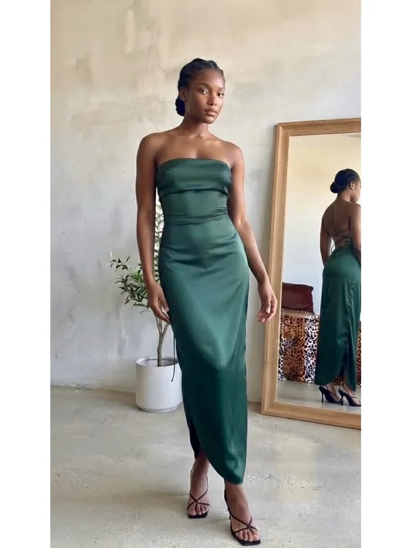 Elegant Strapless‎ Dark Green Satin Maxi Dress - Image 2
