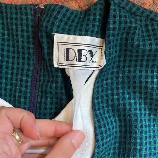 80s VINTAGE BLUE & GREEN GINGHAM PREPPY OFFICE DRESS - Image 4