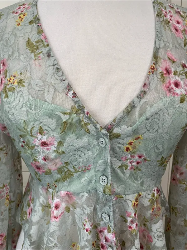 Lulu's Mint Floral Lace Peplum mesh Blouse with Pink Accents - Image 5