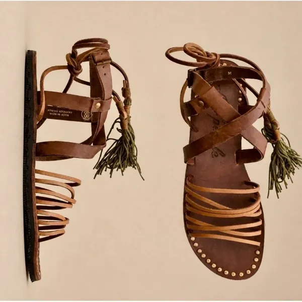 933|Free People Studded Boho Hippie Leather Gladiator Sandals Brown Women 37 6.5 - Image 13