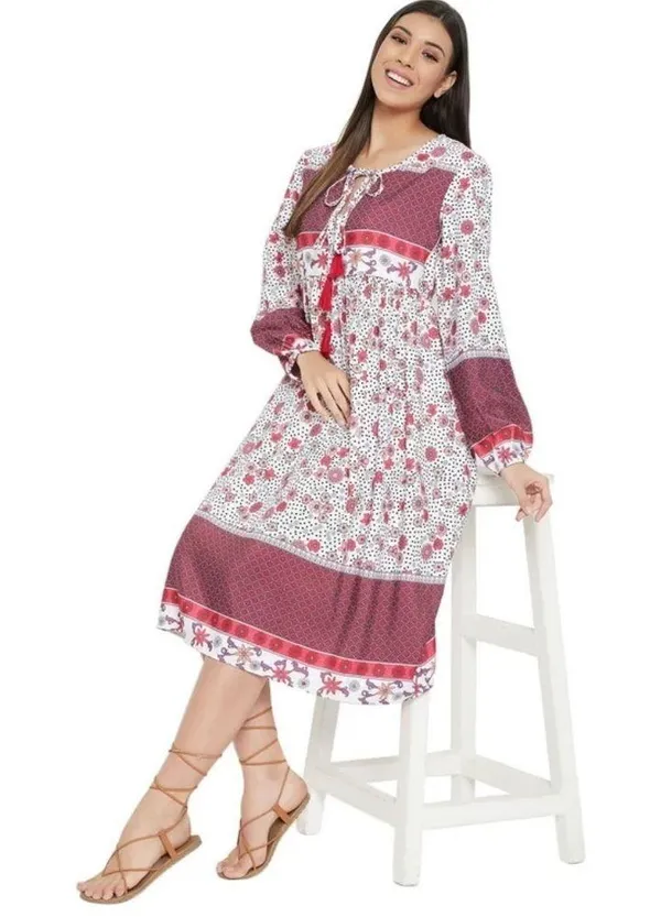 Gypsy Blu Boho Mixed Print Tassels Puff Sleeve Floral Midi Dress Size 3X NEW - Image 3