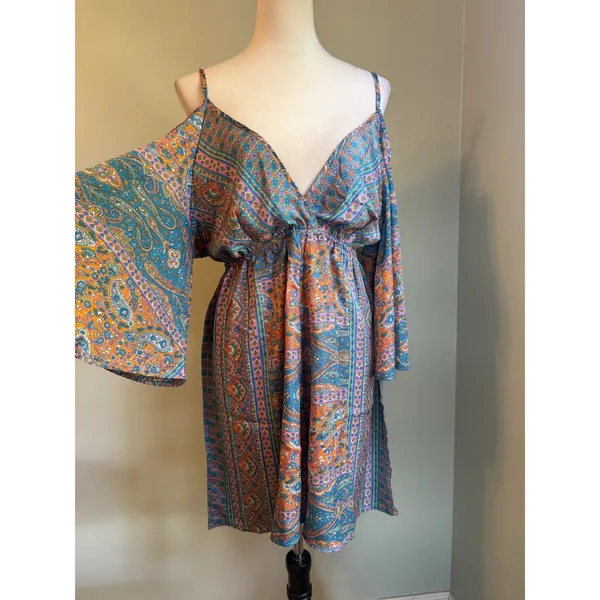 Earthbound Trading Paisley romper Blue Orange Pink Large boho floral whimsigoth - Image 2
