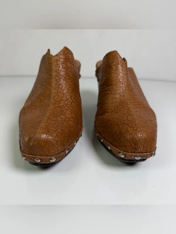 Salpy Womens 9 Brown Leather Studded Wood Platform Clogs Mules Boho Y2K Retro - Image 3