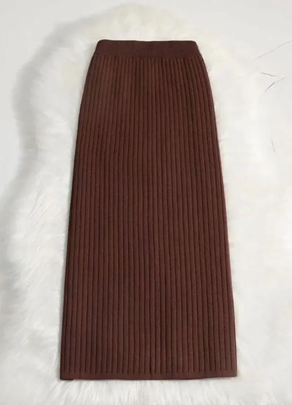 NEW Brown Ribbed Sweater Pencil Knit High Waist Winter Midi Skirts M - Image 2