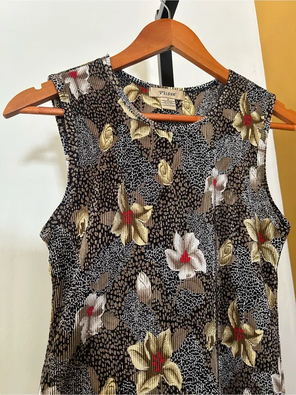 Vintage 90s Y2K Plisse Stretch Crepe Crinkle‎ Textured Tank Top Floral Small - Image 2