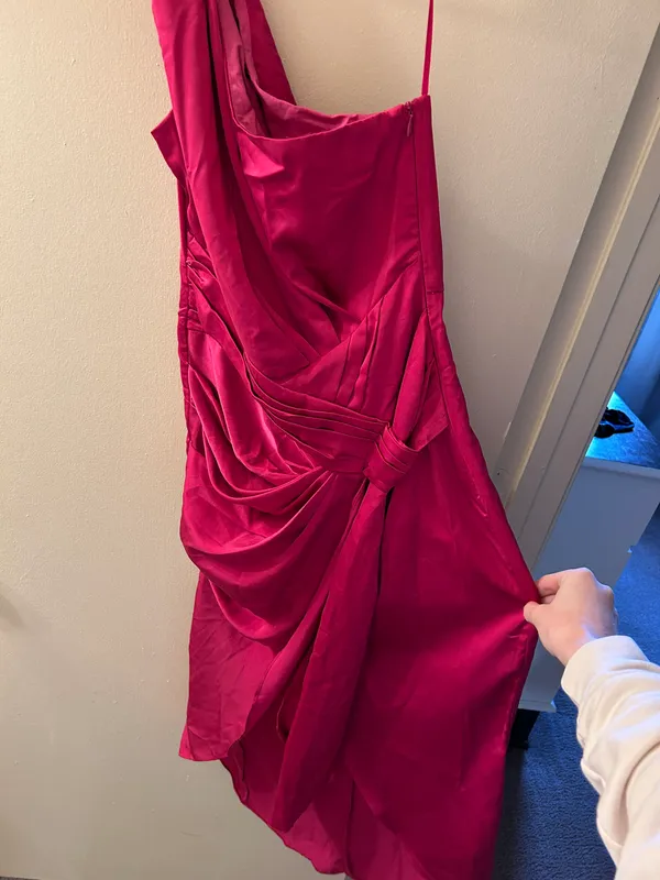One Shoulder Waist Tie Satin Dress - Image 6