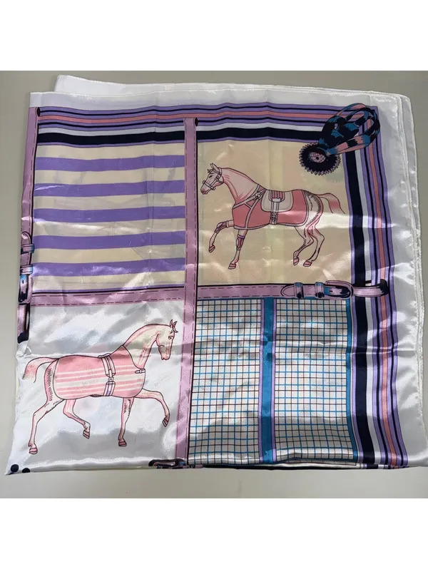 Horse Equestrian Satin Scarf 90x90cm Pink Blue Square - Image 2