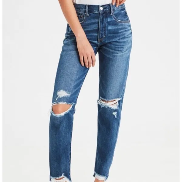 American Eagle hi-rise distressed, raw hem Girlfriend Jeans - Image 2