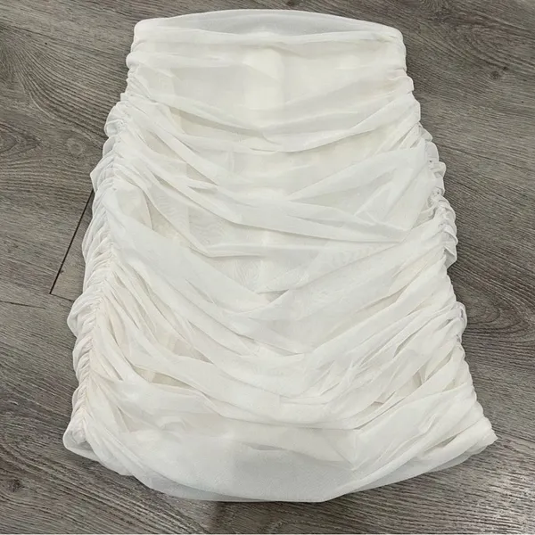 House of CB White Aubrey Ruched Mesh Mini Skirt Small - Image 3