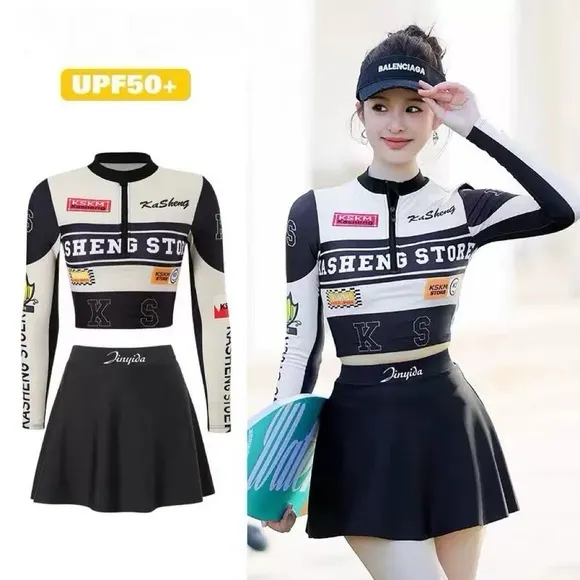 three-Piece Swimsuit Set Women Black White NEW UPF‎ 50+ Long Sleeve Skirt xs - Image 2
