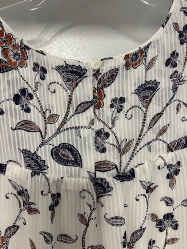 LOFT M White Floral Striped Pleated Yoke Lined Peasant Blouse Neutral Feminine - Image 6