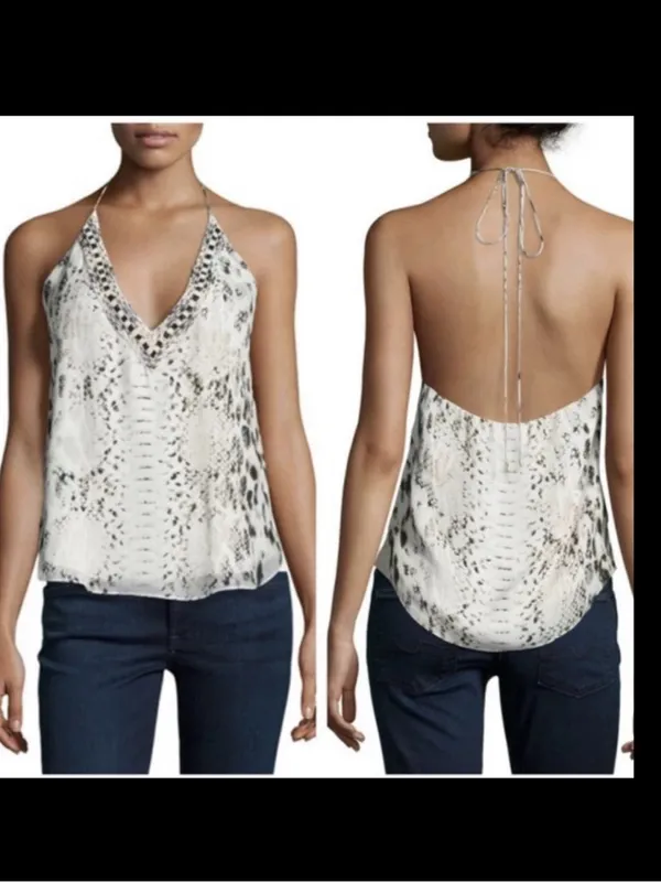Haute Hippie Scarface Beaded 100% Silk Halter Top Leopard Snake Print Size Large - Image 2