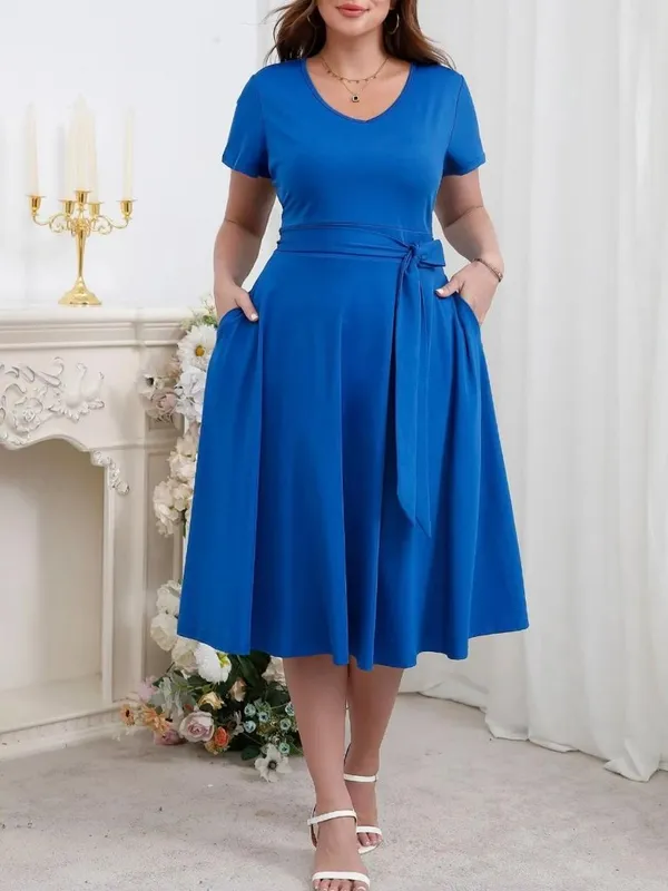 Women's Plus Size 3X Royal Blue Midi Dress with Waist Tie - Image 4