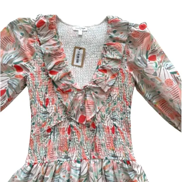 Vestique Sammie Dress Peach Green Floral Smocked Deep V-Neck Mini Small NEW - Image 8