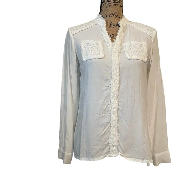 Cato Ivory Lace Ruffle Detail Long Sleeve Collared Button-Up Blouse Size S - Image 7