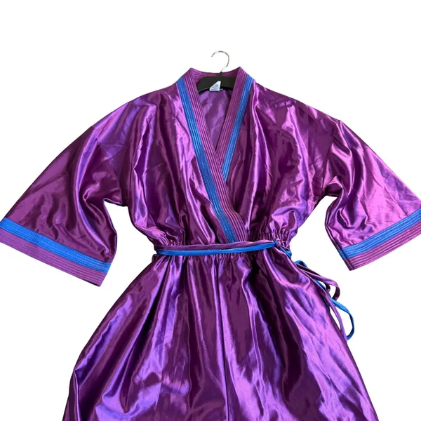Homewear USA PJ Lounge Jumpsuit Women Large Purple Vintage 70s80s Wide Leg Satin - Image 7