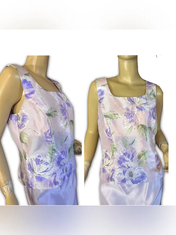 Vintage Y2k Dress Barn Purple Floral Print Satin Sheen Skirt Set (10) - Image 9