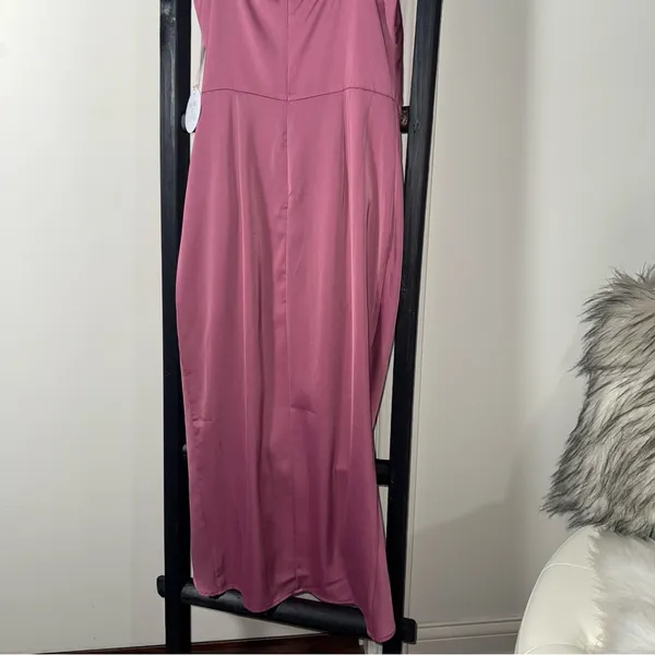 More to Come Adonia Pink Satin Wrap Midi Dress With Cowl Neckline And Tulip Hem - Image 10