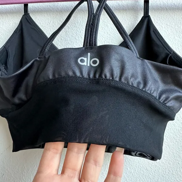Alo Yoga Lavish Bra Bralette Strapped Mesh Band Glossy Black Lurex Shine Size XS - Image 5