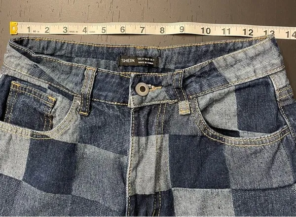 SheIn 90s Y2K Inspired Checker Patchwork Wide Leg Denim Jeans Women’s Size 27 - Image 7