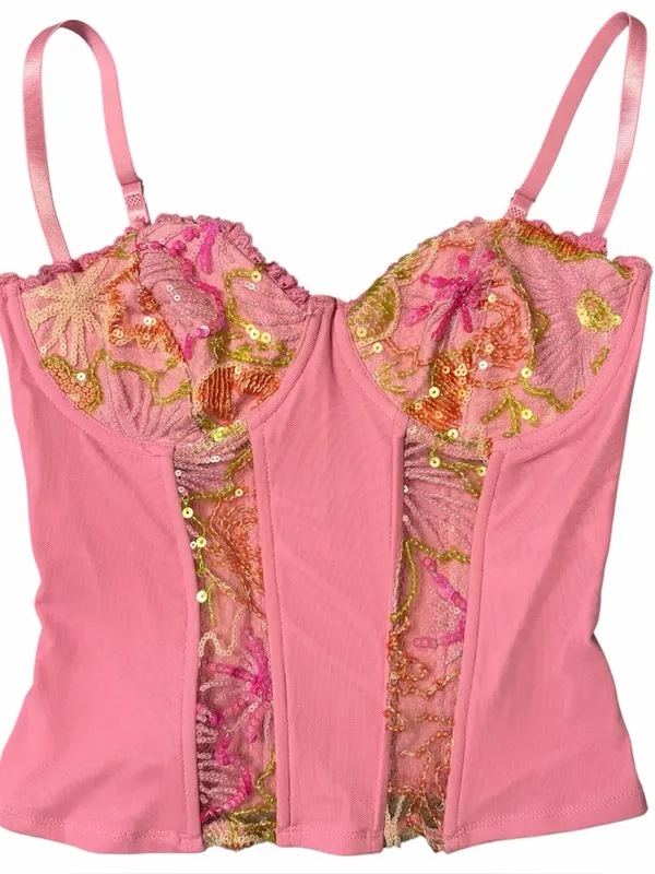Edikted Medium Pink Inka Sequin Beaded Floral Underwire Top - Image 2