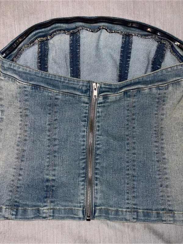 Silence + Noise Small Denim Blue Corset Tank, Mia Buckle Tube Top, Belted - Image 6