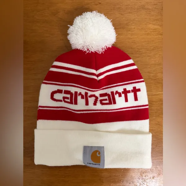 CARHARTT Pom Pom spell out beanie red and‎ white NWOT - Image 2
