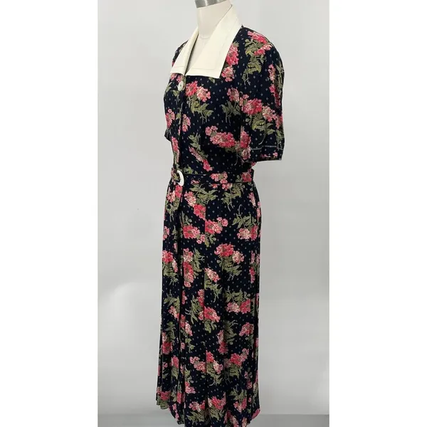 Vintage 80s Floral Shirtdress Button Down Belted Maxi Union Made Black Pink XS - Image 5
