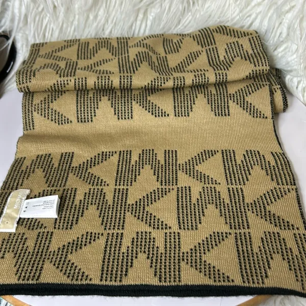 Michael Kors Camel And Black Logo Scarf 10” x 66”. - Image 7