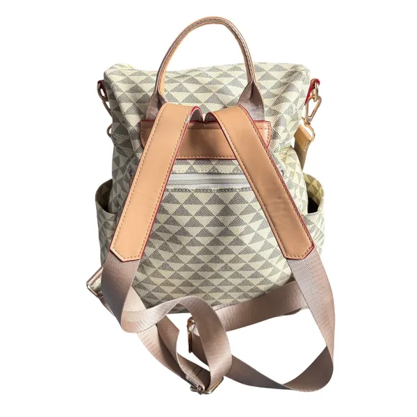 Geometric Print Convertible Backpack Bag Travel Tote Cream Taupe - Image 4