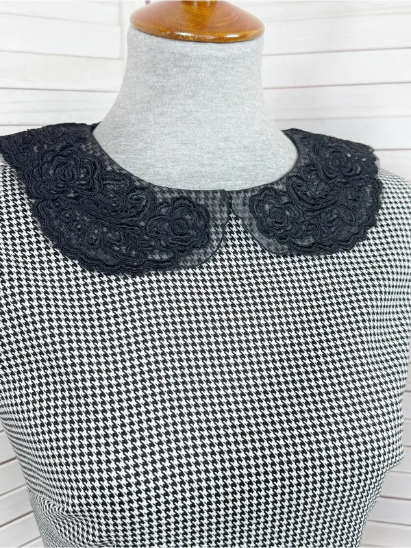 Betsey Johnson Lace Collar Houndstooth Sheath Dress Black White Sz 6 Sleeveless - Image 6