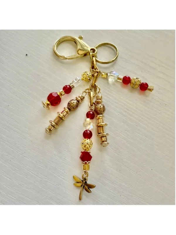 NEW One of a Kind Crimson Dragonfly Handmade Beaded Bag Charm Keychain (#36) - Image 4