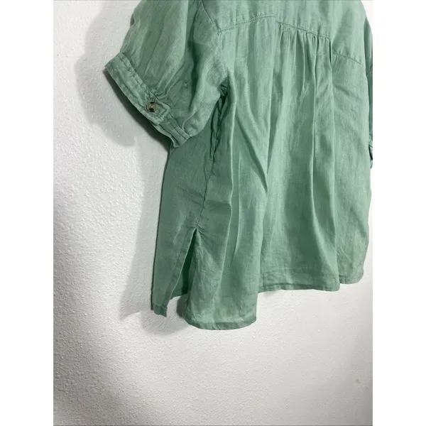 Pilcro Anthropologie Green Linen Blend Short Sleeve Button Up Cropped Shirt S - Image 7