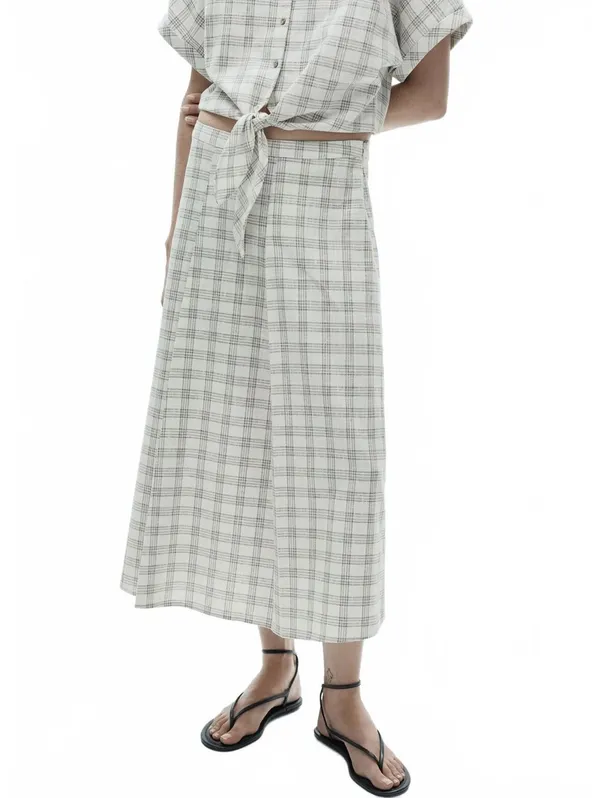 Mango Gingham Check Flared Skirt Ecru Beige Tan NWT Small - Image 8