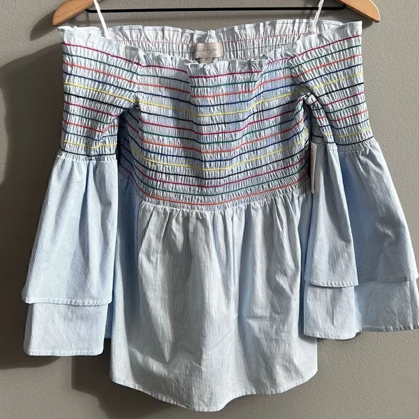 Belle + Sky Blue Off the Shoulder Peplum Top NWT Delight Blue Strip Size Small - Image 2