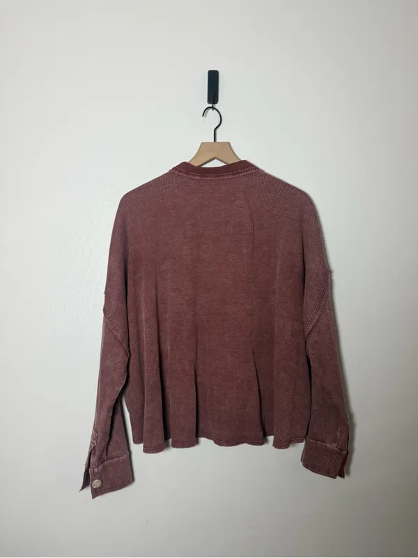 Easel Wine Mineral Washed Oversized‎ Long Sleeve Button Down Thermal Shirt - Image 5